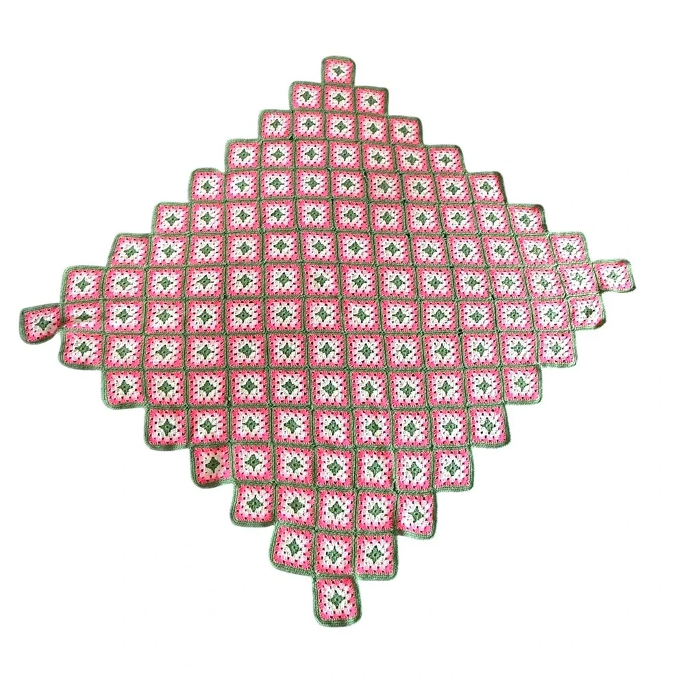 Vintage Crochet Granny‎ Square Afghan 58x64 Pink Green Throw Blanket Handmade